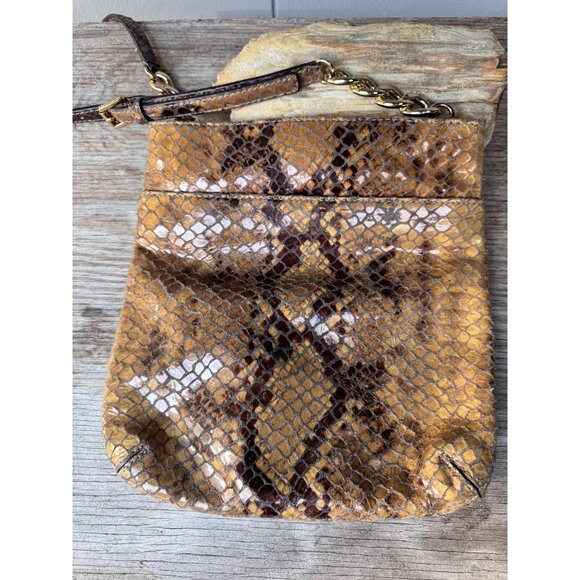 Michael Kors Crossbody Bag Women Snakeskin Print Leather Gold Tone Flap Snap Cha - Picture 2 of 7